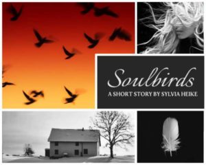 A moodboard. Four images and text: Soulbirds. A short story by Sylvia Heike. The first image is a flock of birds against red-orange sky. The others: a black and white image of a girl with white, floating hair. An old house in the snowy countryside by a big tree. A white feather against a black background.
